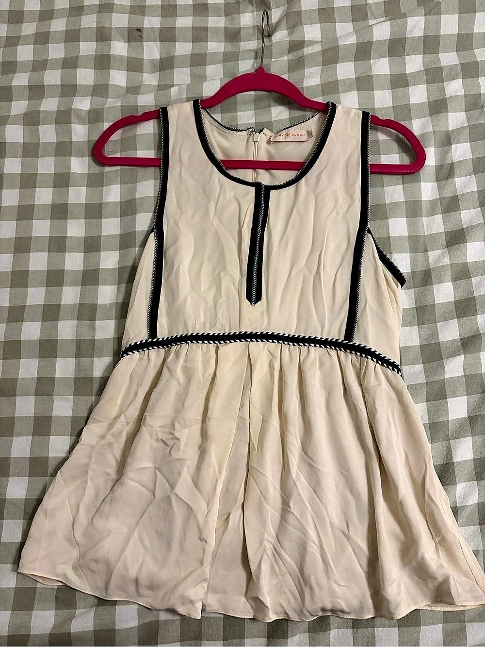Tory Burch Ivory Sleeveless Peplum Top with Navy Rope Trim, Size 6